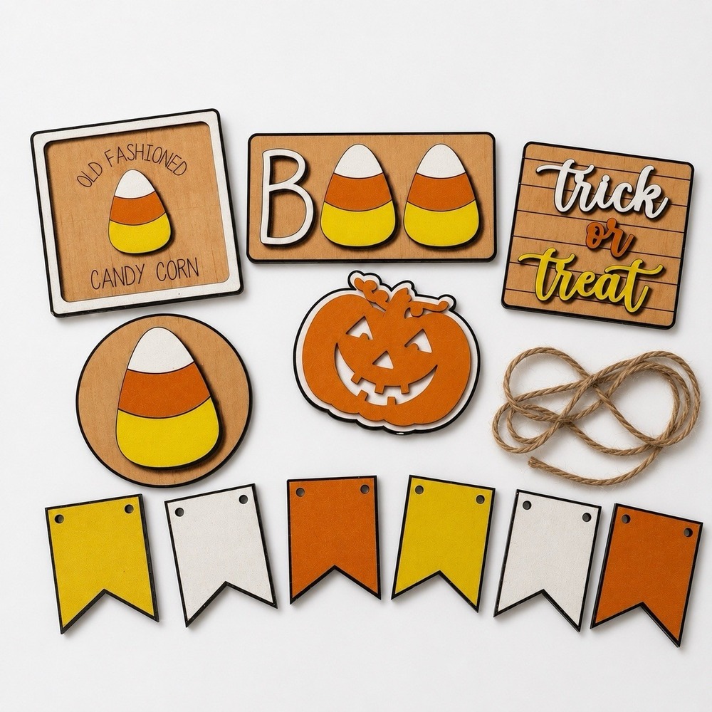 Halloween Layered Tray Decoration Set Candy Corn Boo Trick or Treat Farmhouse
